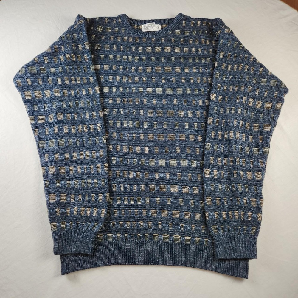 Gianfranco Ruffini Mens Vintage 3D Knit Geometric Sweater Blue Navy Size M